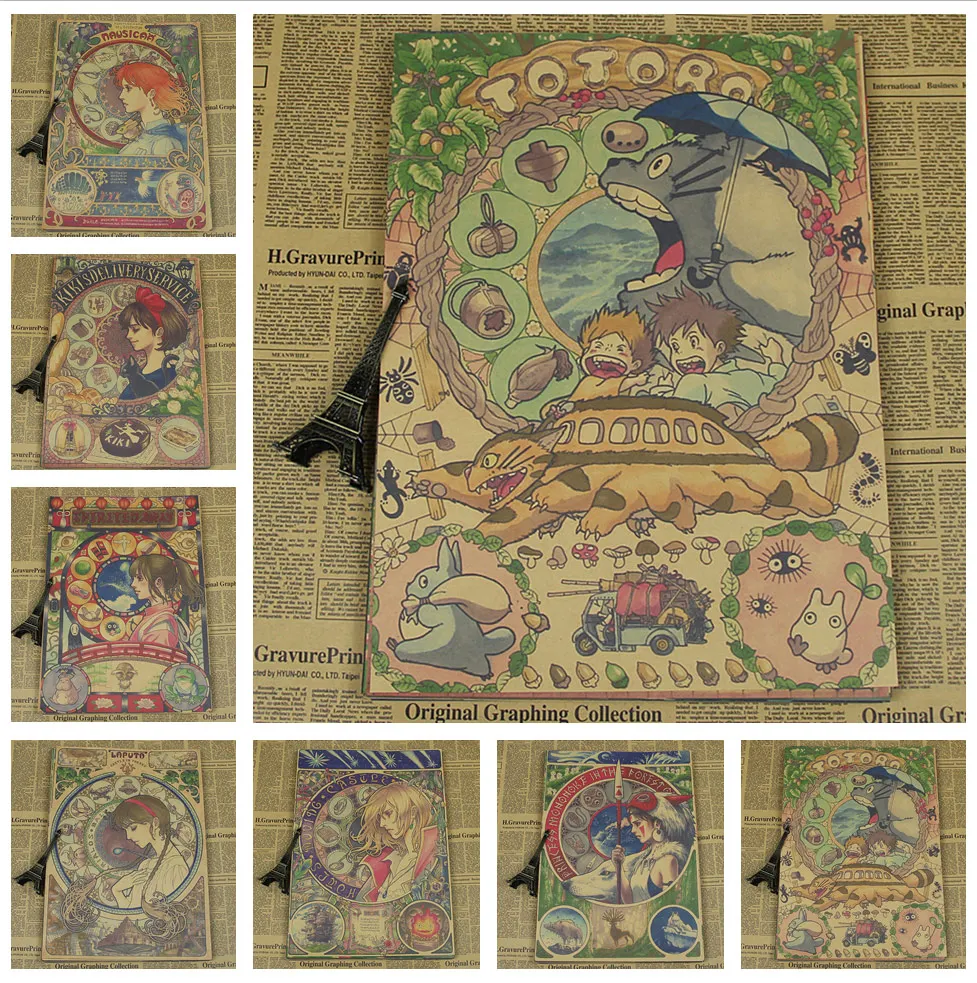 

Vintage Cartoon Anime Hayao Miyazaki Totoro Spirited Away Poster Cafe Kid Home Decor Retro Kraft Paper Wall Sticker