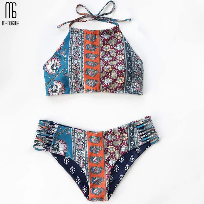 

Manoswe High Neck Floral Print Set Retro Bikini Women Backless Swimsuit Summer 2019 Sexy Swimwear Beachwear Bikini Bathing Suit
