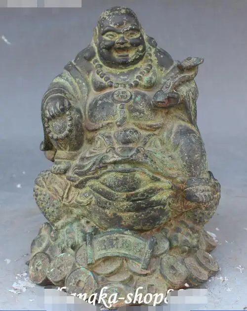 

8" Old Chinese Bronze Wealth Money Yuanbao Happy Laugh Maitreya Buddha Statue