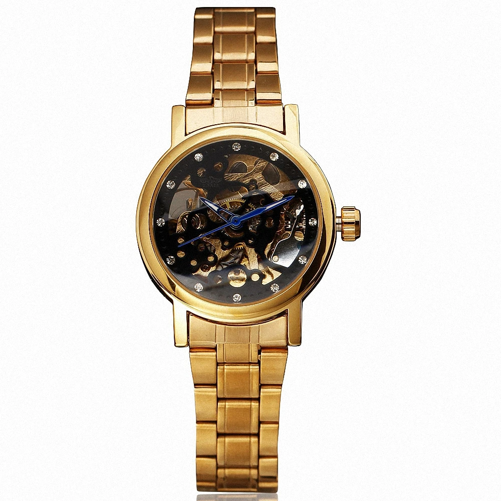 

2018 T-WINNER Luxury Women's Mechanical Wrist Watch Stainless-Steel Strap Skeleton Dial Rhinestone Decoration + GIFT BOX