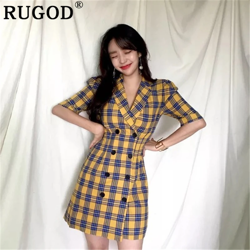 Женское клетчатое платье RUGOD элегантное двубортное мини трапециевидной формы в