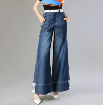 

Women High Waist Pants Plus Size Long Trouser Female Casual Pleated Denim Blue Wide Leg Pant Work Pantalon Palazzo Mujer