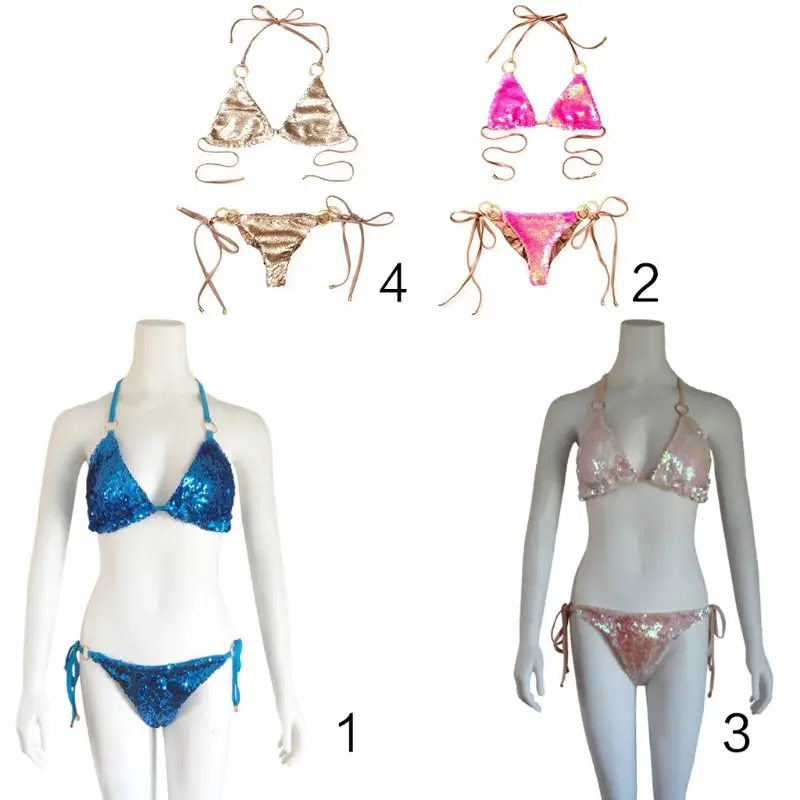 

Women Sexy Bikini Set Halter Triangle Bra Low Waist Side Tie Thong Glitter Fish Scales Sequins Solid Color Swimsuit