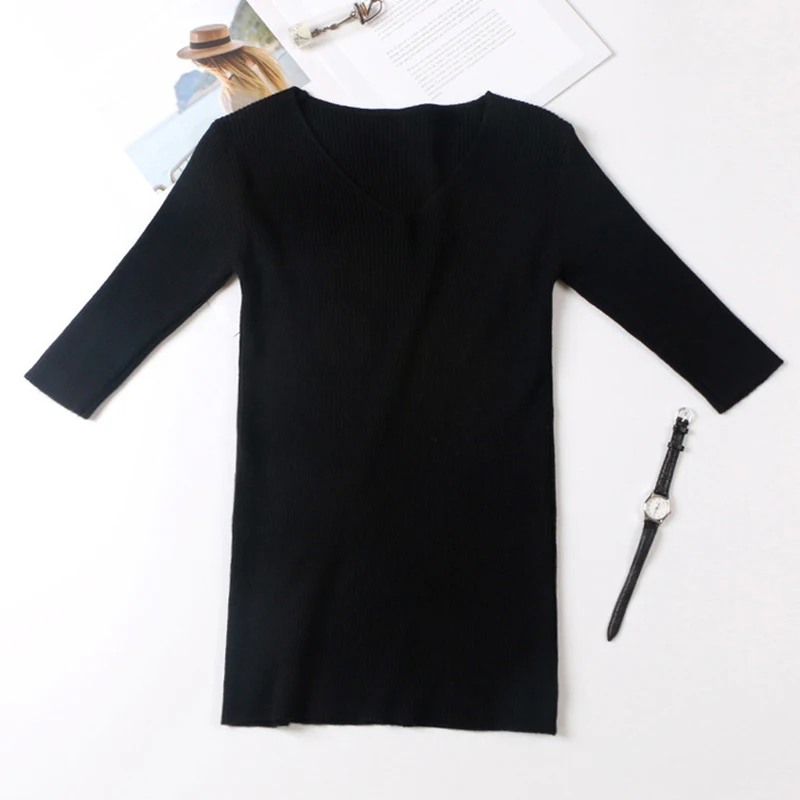 GOPLUS 2018 Spring New Ribbed Knit Sweaters Women Half Short Sleeves V Neck Knitted Pullovers White Black Tops C4889