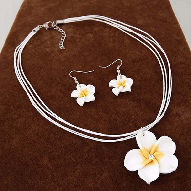 Women's sweet Plumeria Flowers Jewelry Sets Polymer Clay Fimo Earrings Pendant Necklace 3