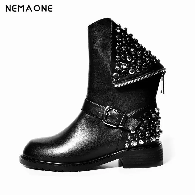 En Noir Femmes Véritable Cheville Bottes Sexy Automne Nemaone 2018 Hiver Nouvelle Cuir Femelle Rivets Pu Neige Moto Pour Arrivée SwUSY1Aq
