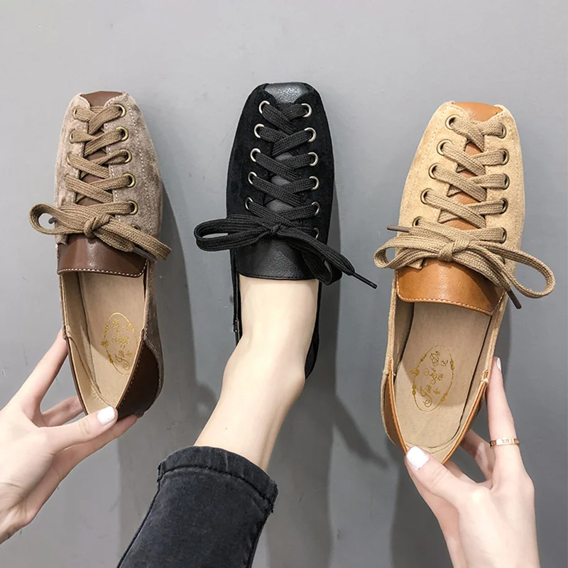 

CYOSO Women's Shoes 2019 Spring Lace-up Square Toe Casual Women Shoes Brand Low Heels Ladies Flat Shoes Fashion Women Flats
