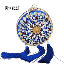 Модная новинка, круглый синий роскошный клатч с бусинами, вечерняя сумочка, сумочка с кисточками на ремешке, розовый, белый клатч для вечеринок, свадьбы, банкета