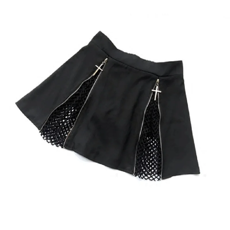 Харадзюку женская короткая юбка крест молния украшения сетки выдалбливают мини юбки панк стиль черный
