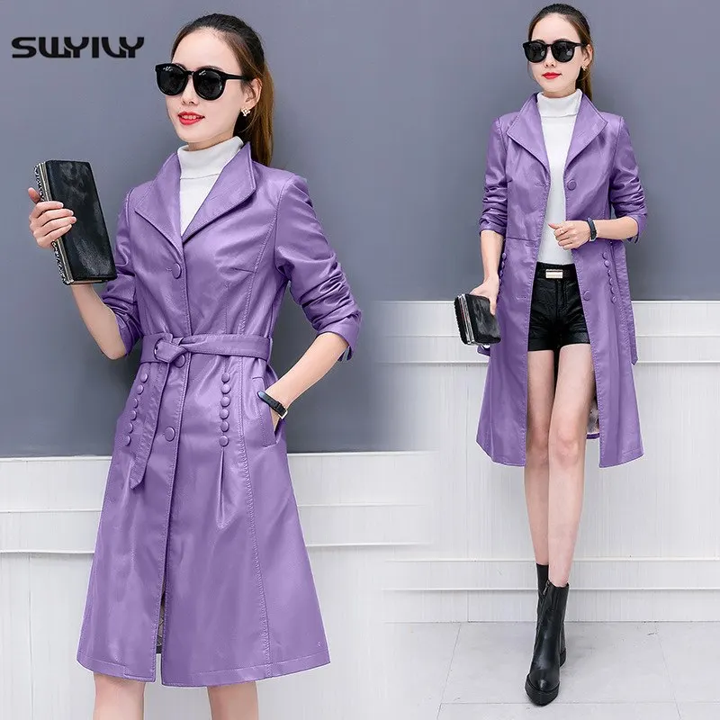 SWYIVY Women Leather Trench Coats PU Slim Long Design 2019 Spring Autumn New Female XXXL Elegant Leather Coat Lady Clothing