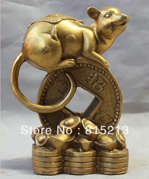 

bi00145 7" Lucky Chinese Fengshui Brass Blssing Money Wealth Zodiac Year Mouse Statue