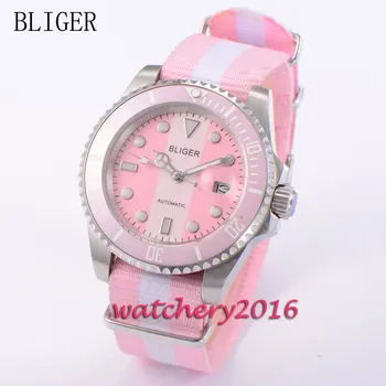 

40mm Bliger sapphire glass pink dial nylon strap Auto Date Luminous marks automatic Self-Wind Mechanical Men's Wristwatches