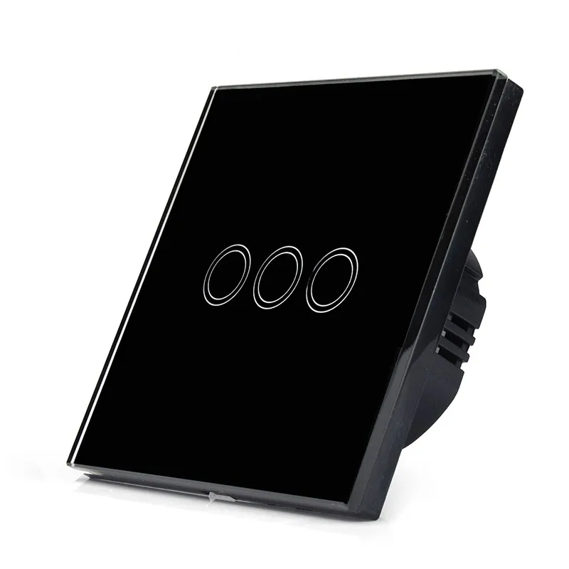 3 gang 1 way blk crystal glass panel touch sensing wall light switch, smart touch lamp switch ,touch screen switch EU