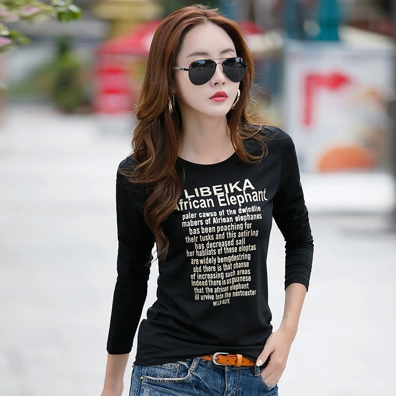 Nuevo 2019 camisetas de larga para mujer, camisetas de algodón de moda informal para invierno, camisetas con estampado de letras para mujer|t-shirt for long sleeve t-shirtfemale t-shirt - AliExpress