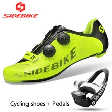 Sidebike/Мужская обувь для велоспорта из углеродного волокна; комплекты гоночных кроссовок, включая педали для шоссейного велосипеда; самозакрывающиеся велосипедные кроссовки; дышащие
