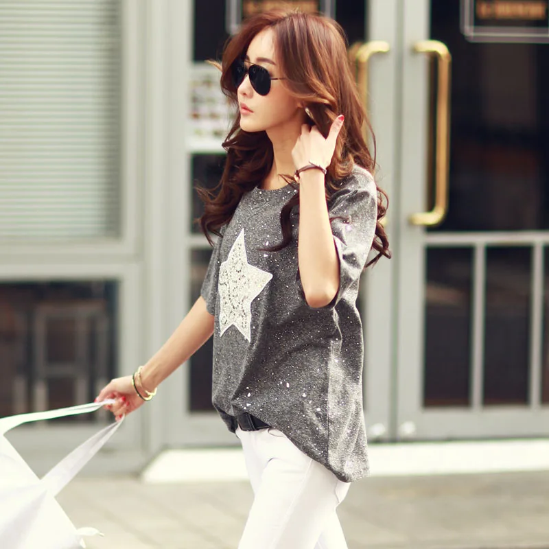 Fashion T Shirt Women Tops Short Sleeve Cotton Tees Shiny Star Patterns with Sequined 2018 Summer Rhinestone Camisetas Mujer 4xl Fashion T Shirt Women Tops Short Sleeve Cotton Tees Shiny Star Patterns with Sequined 2018 Summer Rhinestone Camisetas Mujer 4xl