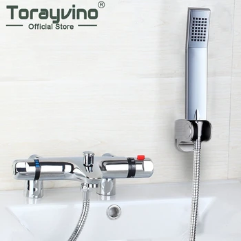 

Torayvino Bathroom Deck Mounted Two Handle Thermostatic Shower Mixer Faucet Hand Shower Taps Chrome polished