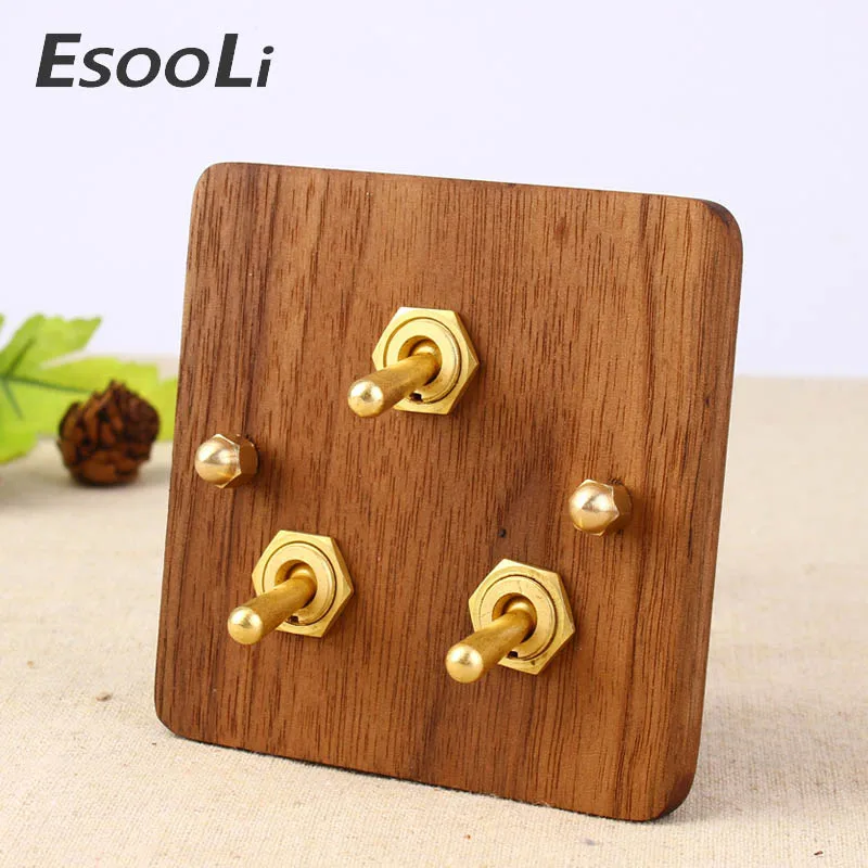 

NEW Universal Standard 2017 Hand Made European Retro Switch 10A 110V-250V Wood Panel Brass Lever 3 Gang 1/2 Way Wall Switch