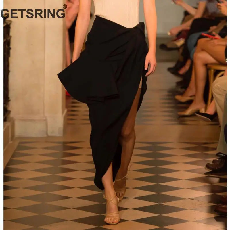 

GETSRING Skirts Womens Retro Solid Chiffon Skirt High Waist Split Irregular Skirt Lotus Leaf Long Black Summe Skirts 2018 New