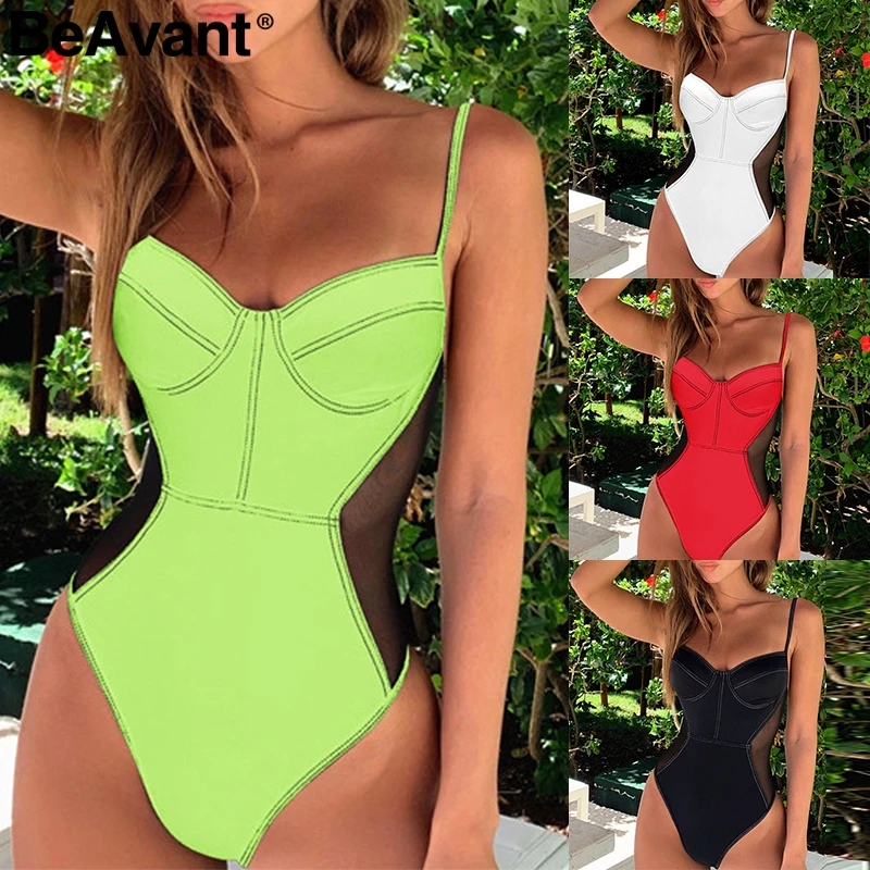

Mesh transparent bikini 2019 new Sexy bodysuits one piece swimsuit female Push up neon swimwear women bathing suit swim