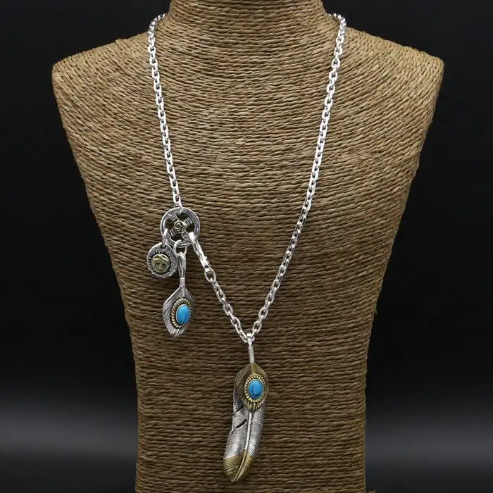 

47.2g Real Solid 925 Sterling Silver Long Pendant Necklace Men Women Blue Natural Stone Vintage Indian Style Men Necklace Silver