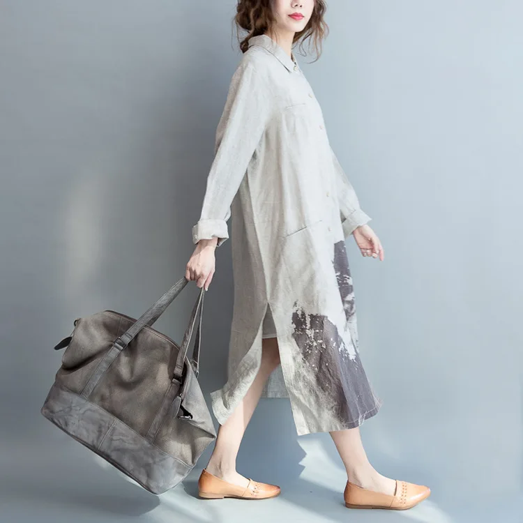 LZJN Vintage Painting Style Summer Long Dress Long Sleeve Shirt Woman Lady Loose Big Size Casual Fashion Button Down Shirt Dress (20)