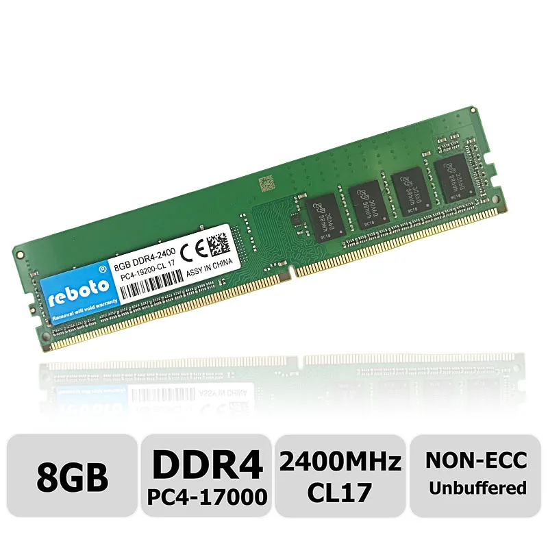 

Reboto 8GB DDR4 2400MHz PC4-19200 Unbuffered Non-ECC 1.2V CL17 1Rx8 Single Rank 288 Pin UDIMM Desktop Memory RAM Modul