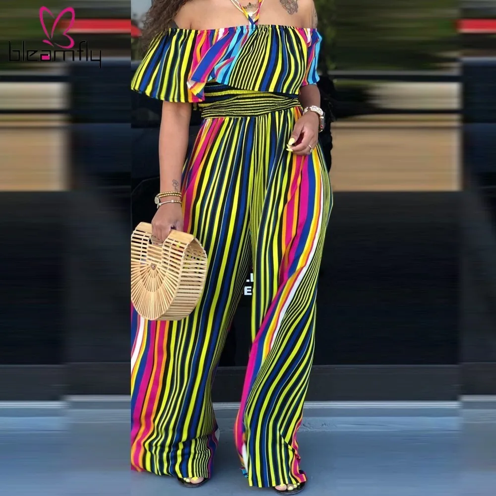 

Ruffles Striped Printing Jumpsuit Women Overalls Halter Lace Up Off Shoulder Loose Wide Leg Jumpsuits Summer Casual Long Romper
