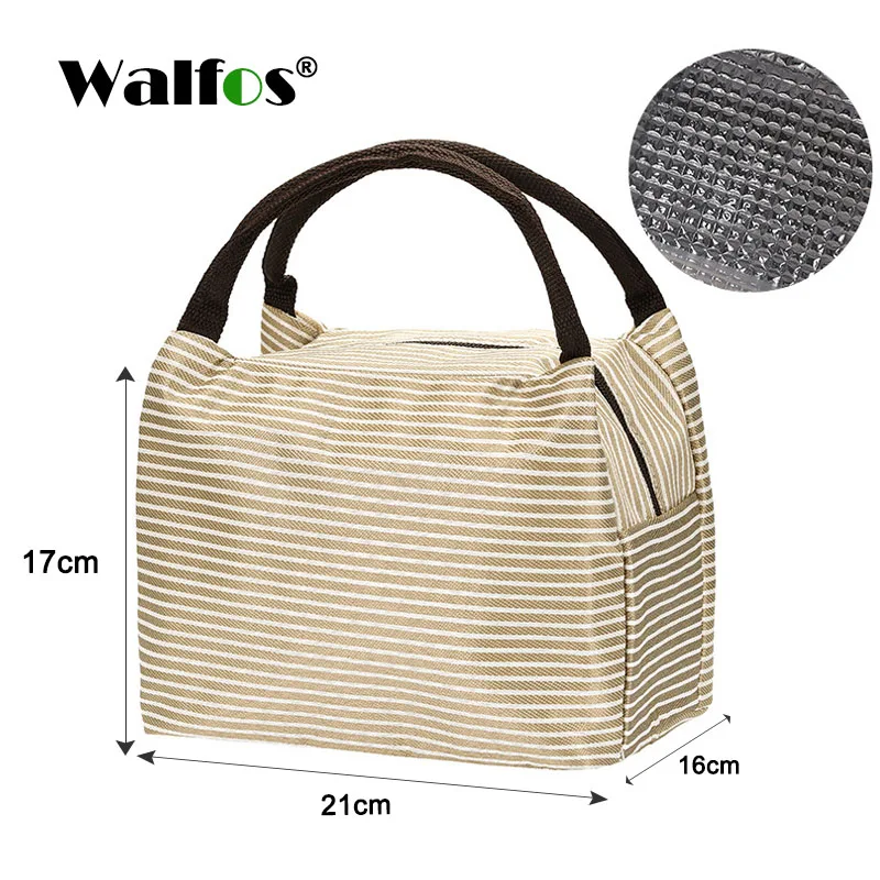 WALFOS Portable Lunch Bag Canvas Stripe Insulated Cooler Bags Thermal Food Picnic Lunch Bags Kids Lunch Box Bag Tote - Цвет: WALFOS Beige