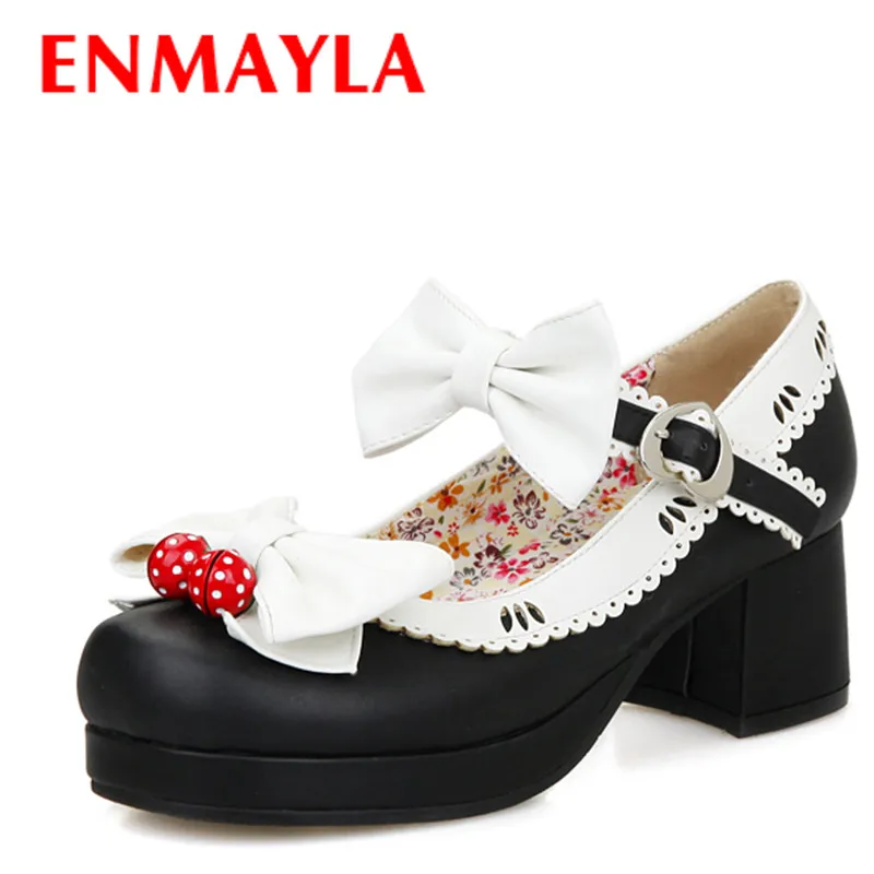 

ENMAYER Bowtie ladies fashion Mary Janes pumps women high heels Round Toe shoes woman Sweet dress pumps party dance shoes women