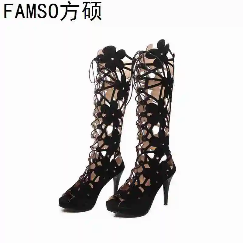 

FAMSO 2019 New Fashion Women Boots Black White Summer Knee High Sandals Lace-up Flowers Summer Peep toe Sexy Boots