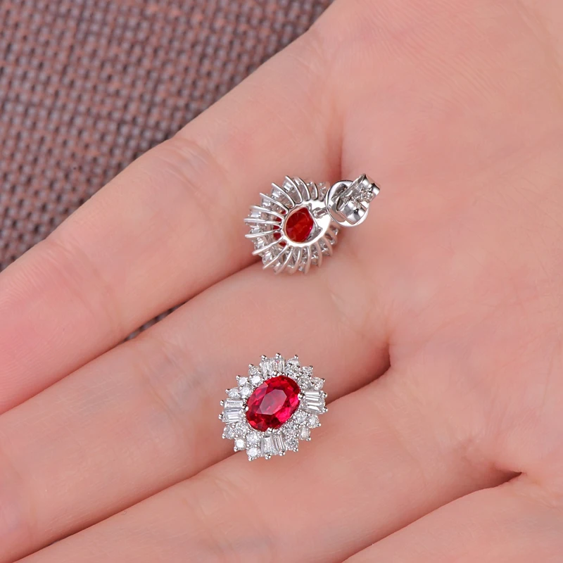 Caimao 1.18ct Red Ruby Earrings with 0.62ct H SI Diamond 14kt White Gold Exquisite Studs