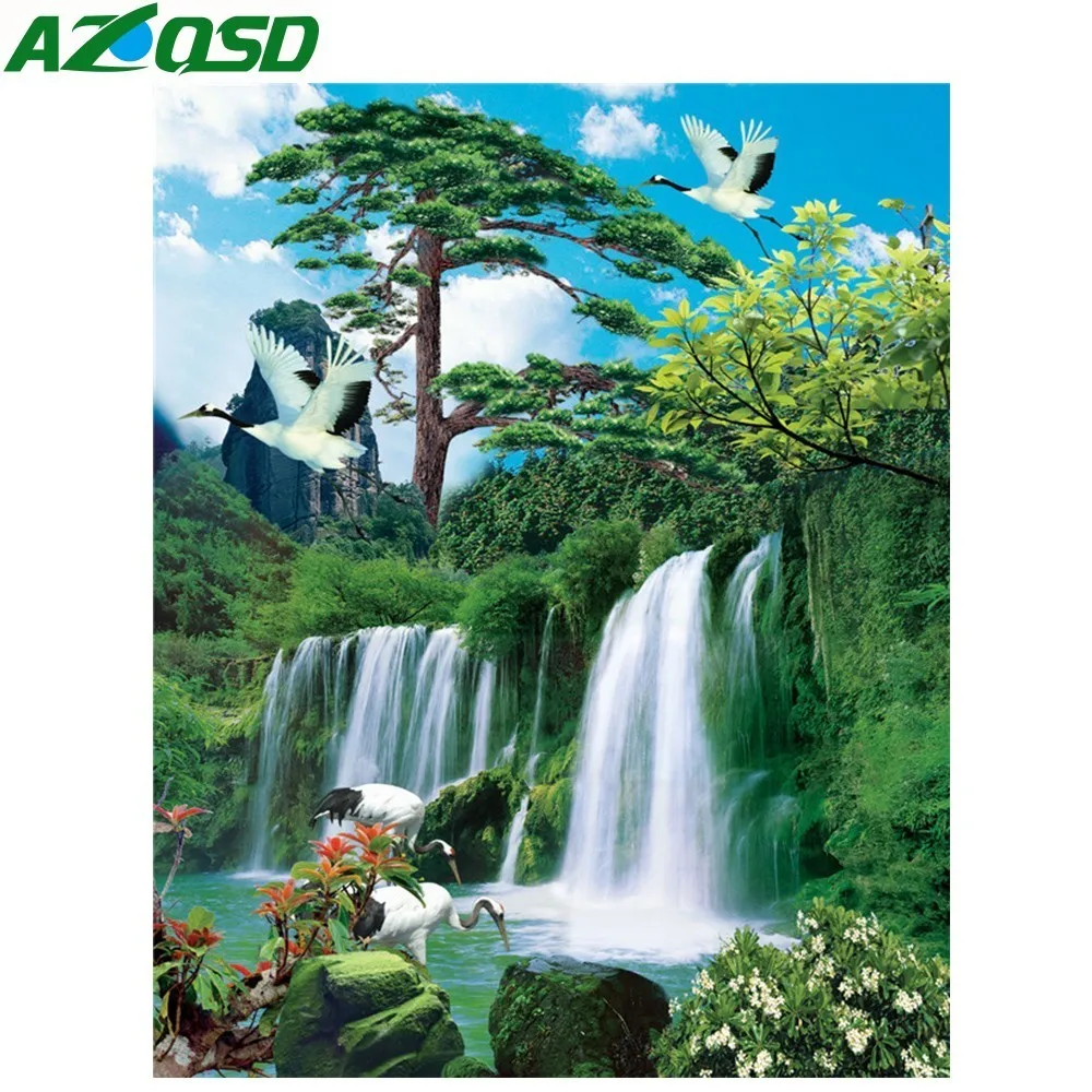 

AZQSD Full Square Diamond Painting Waterfall Landscape Tree Bird 5D Picture Of Rhinestone Diamond Painting Embroidery Scenery