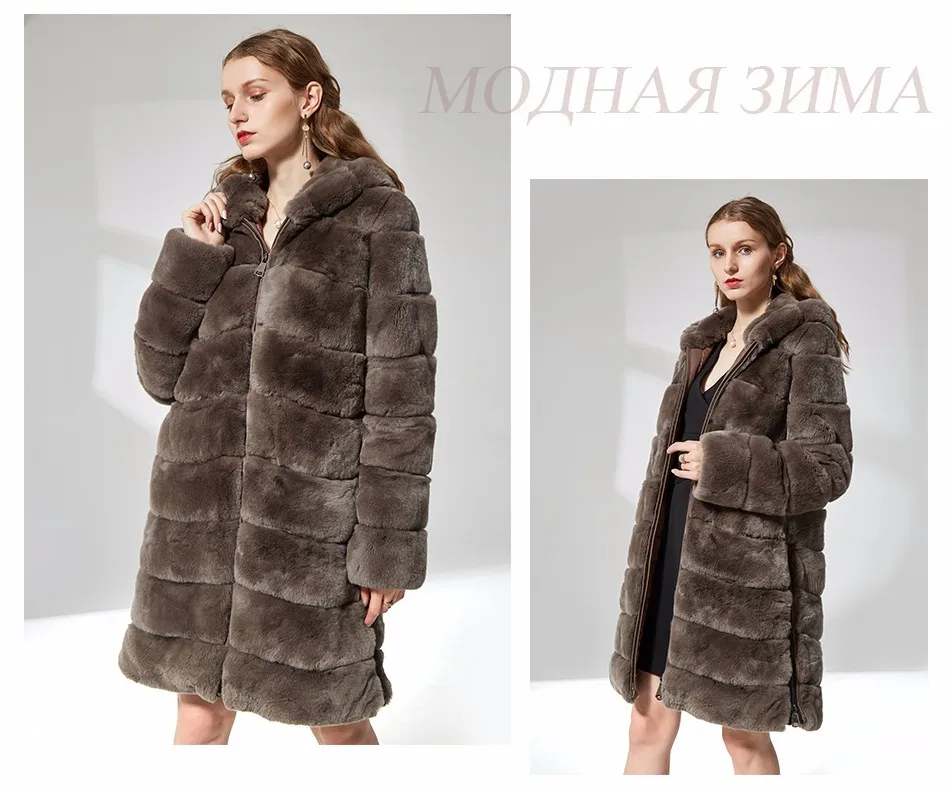 Кроличий мех пальто на молнии с меховым капюшоном теплая дутая куртка Мягкий мех пальто Костюмы для женщин природных реального кролика рекс пальто с мехом Длинные