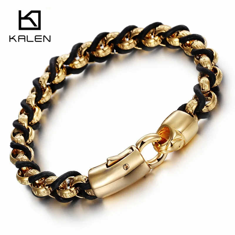 

Kalen New Dubai Gold Color Link Chain Bracelets Silver 23cm Stainless Steel Male Chain & Leather Bracelets Men's Fashion Gifts