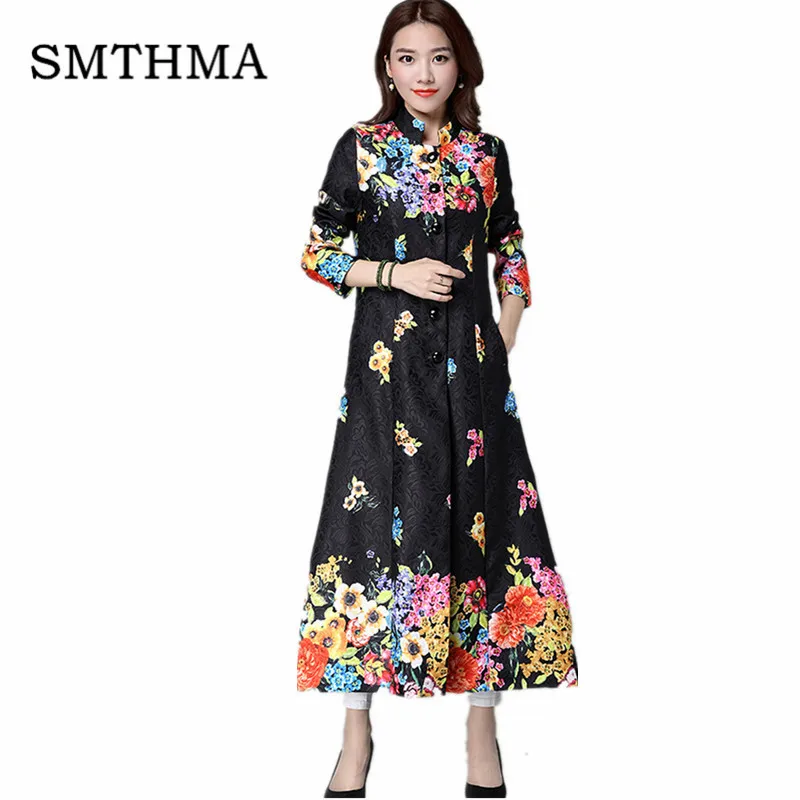 Picture color SMTHMA, высокое качество, роскошный подиум, длинный рукав, Бабочка, принт, длинный Тренч, женский, Ретро стиль, однобортный, шикарный, abrigo mujer - Цвет: Picture color