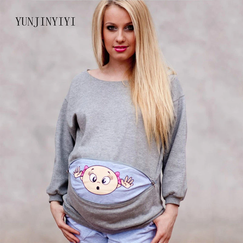 

YUNJINYIYI Maternity Clothes Female T-shirt Full Sleeve Tops Cotton Funny Pattern Print Pregnant Women Breastfeeding Clothing