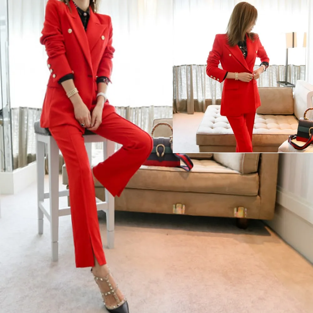 

Red Work Pants Suits 2 Piece Sets Office Lady Suits Women Outfits Spring