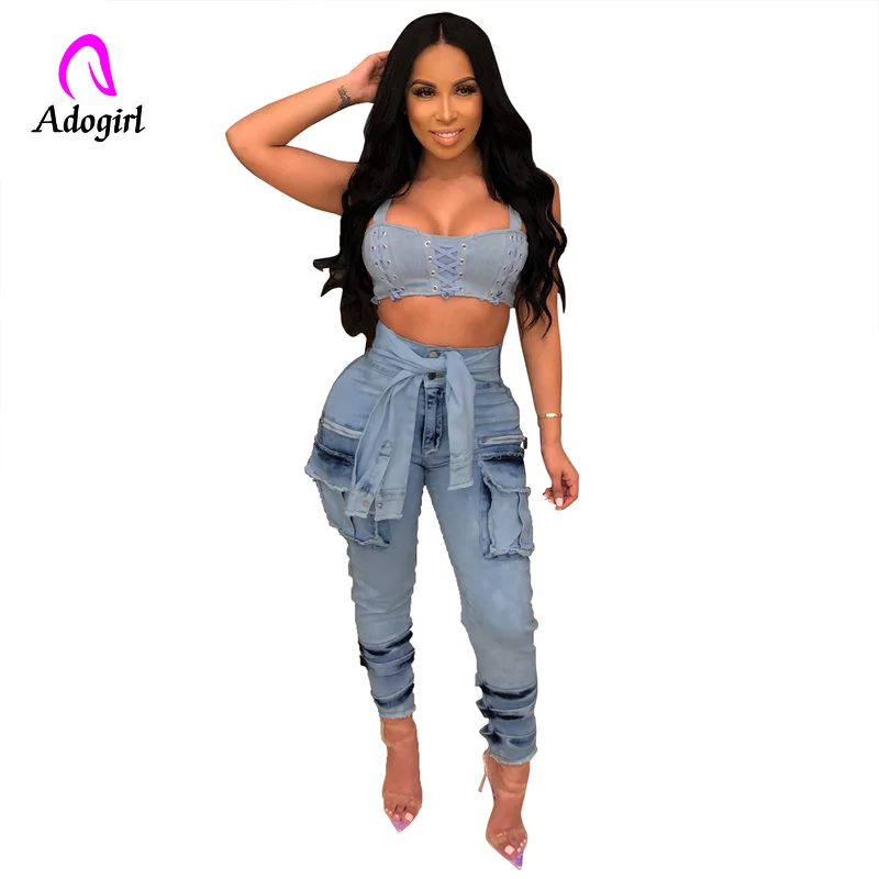 

High Waist Jeans for Women Slim Stretch Denim Jean Bodycon Faux Sleeve Belt Bandage Skinny Push Up Jeans High Street Cargo Jeans