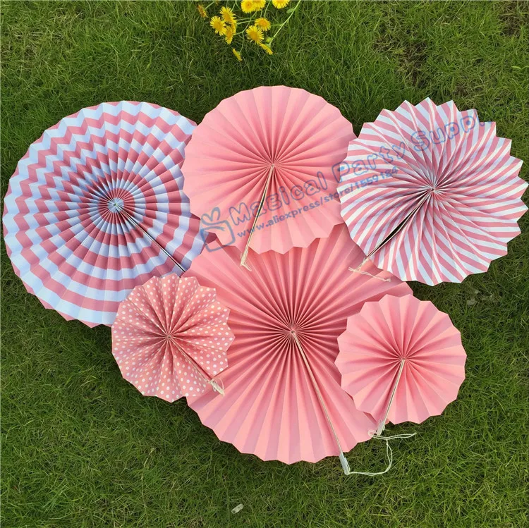 

Wholesale 10sets (60pcs) Baby Pink Party Fans Pinwheels Wedding Rosettes Photo Backdrop Pink Baby Shower Birthday Party Decor