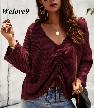 

2019 Autumn Korean Fashion Women Knitting Drawstring Sweater Winter Ladies Solid V Neck Pullover Jumper Loose sweater women
