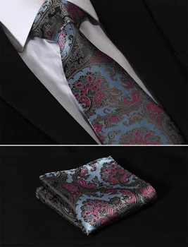 

TF2006B8 Blue Pink Paisley Floral 3.4" Silk Lots Wedding Gravata Jacquard Mans Tie Necktie Pocket Square Handkerchief Set Suit