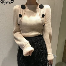 HziriP осень весна модный теплый Однотонный свитер женские пуговицы для пуловера Тонкий Свободный вязаный женский свитер с длинным рукавом