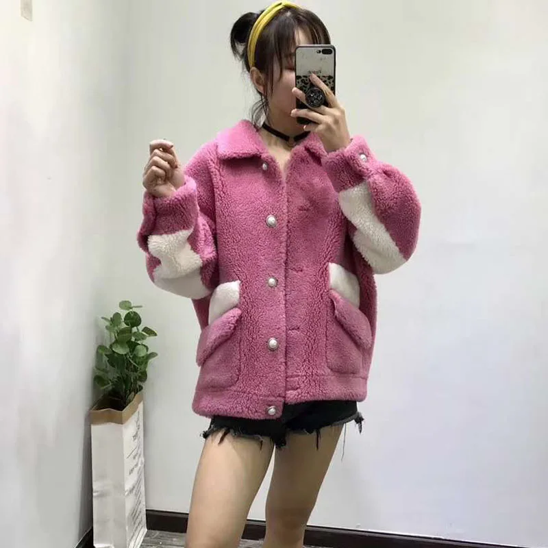 

winter clothes women 2019 korean Outerwear sheep fur jacket plus size Pearls button female clothing multicolor turn-down collar
