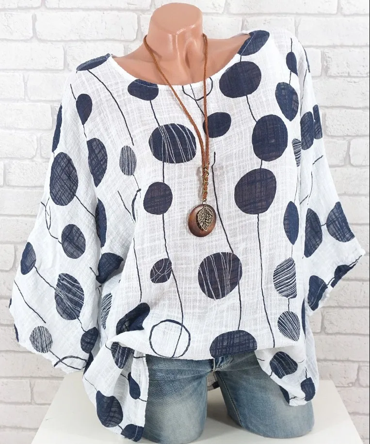 

Large size Ladies Blouse 2019 spring and summer new stitching large round neck bat sleeve shirt printed dot shirt 3XL 4XL 5XL