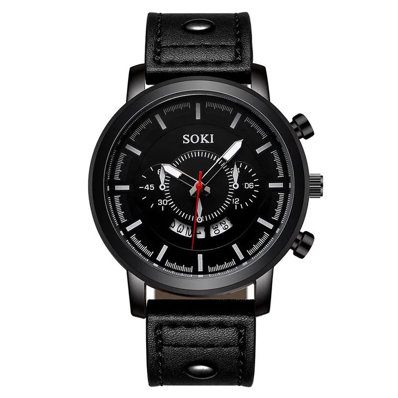 SOKI, брендовые Роскошные спортивные часы, модный кожаный ремешок, кварцевые мужские повседневные часы с датой, деловые мужские наручные часы, часы для мужчин - Цвет: Black