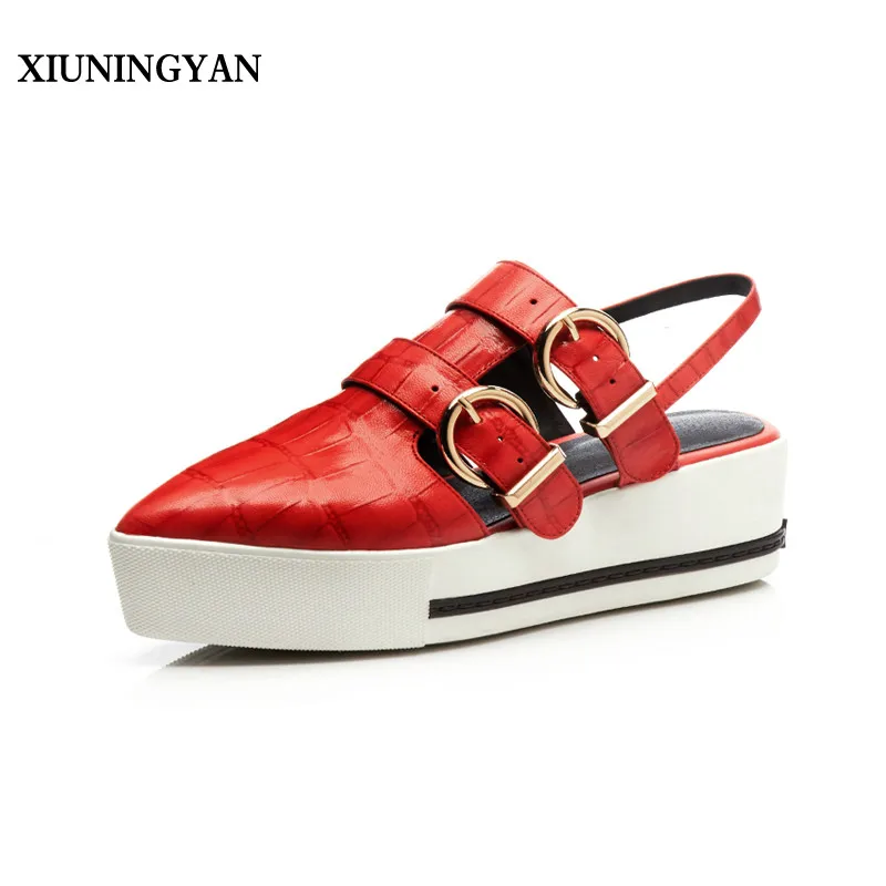 

XIUNINGYAN Summer New British Style Pointed Top Genuine Leather Sandals 2018 Header with Thick Sandals Belt Buckle Empty Wedges