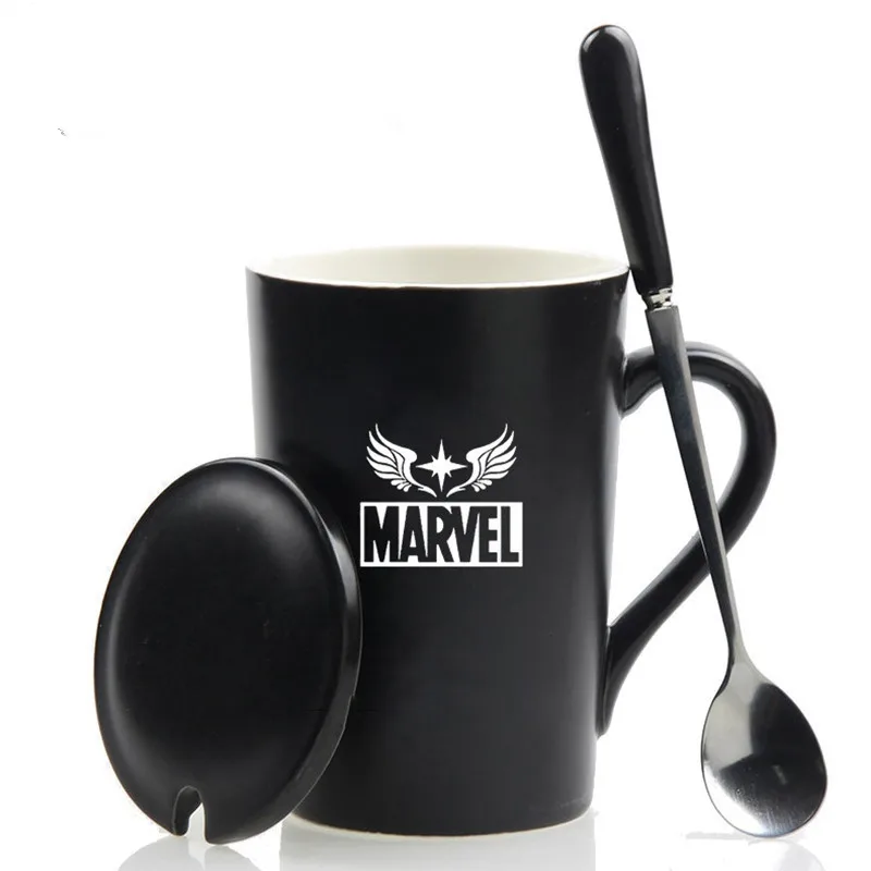 

New Marvel Mug With Cover Spoon 420ml The Avengers Ceramic Coffee Cup Iron Man Groot Captain Marvel Cups And Mugs For Gift