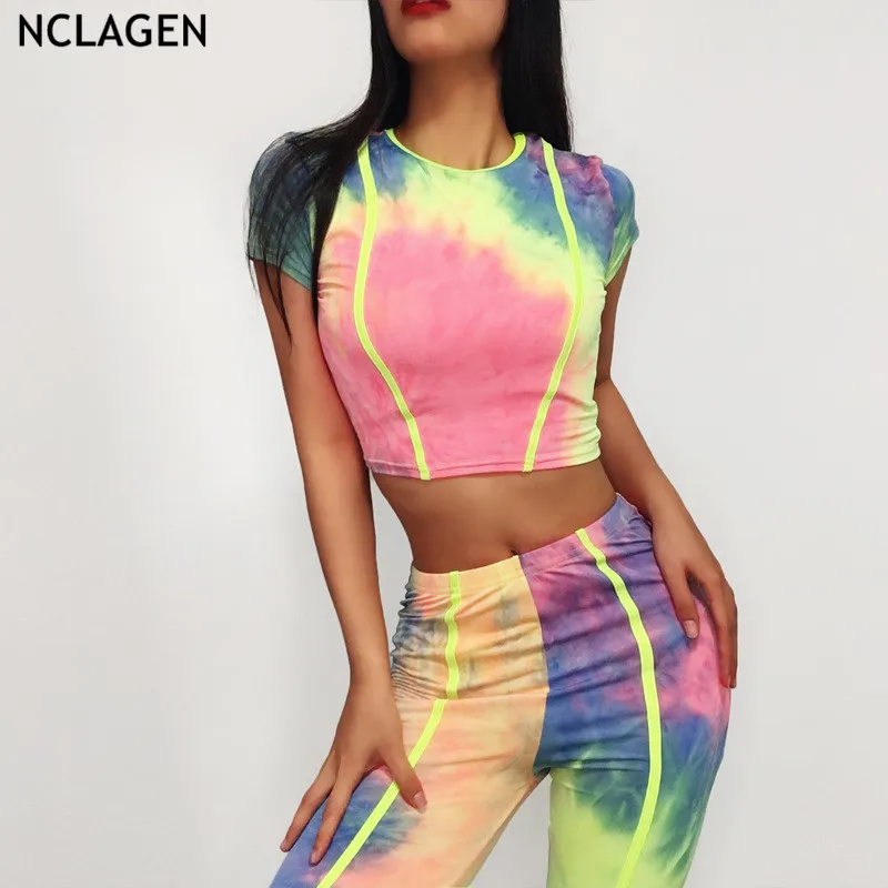 

NCLAGEN 2019 Fashion Fluorescent Color Neon Green Striped Patchwork 2 PCs Suit Set Crop Tee Shirts & Women Pencil Pants Leggings