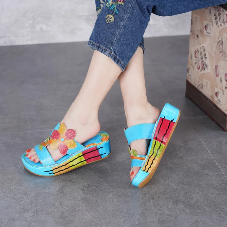 

Artdiya leather women shoes handmade retro Original 2019 summer new flower color platform shoes folk style sandals and slippers